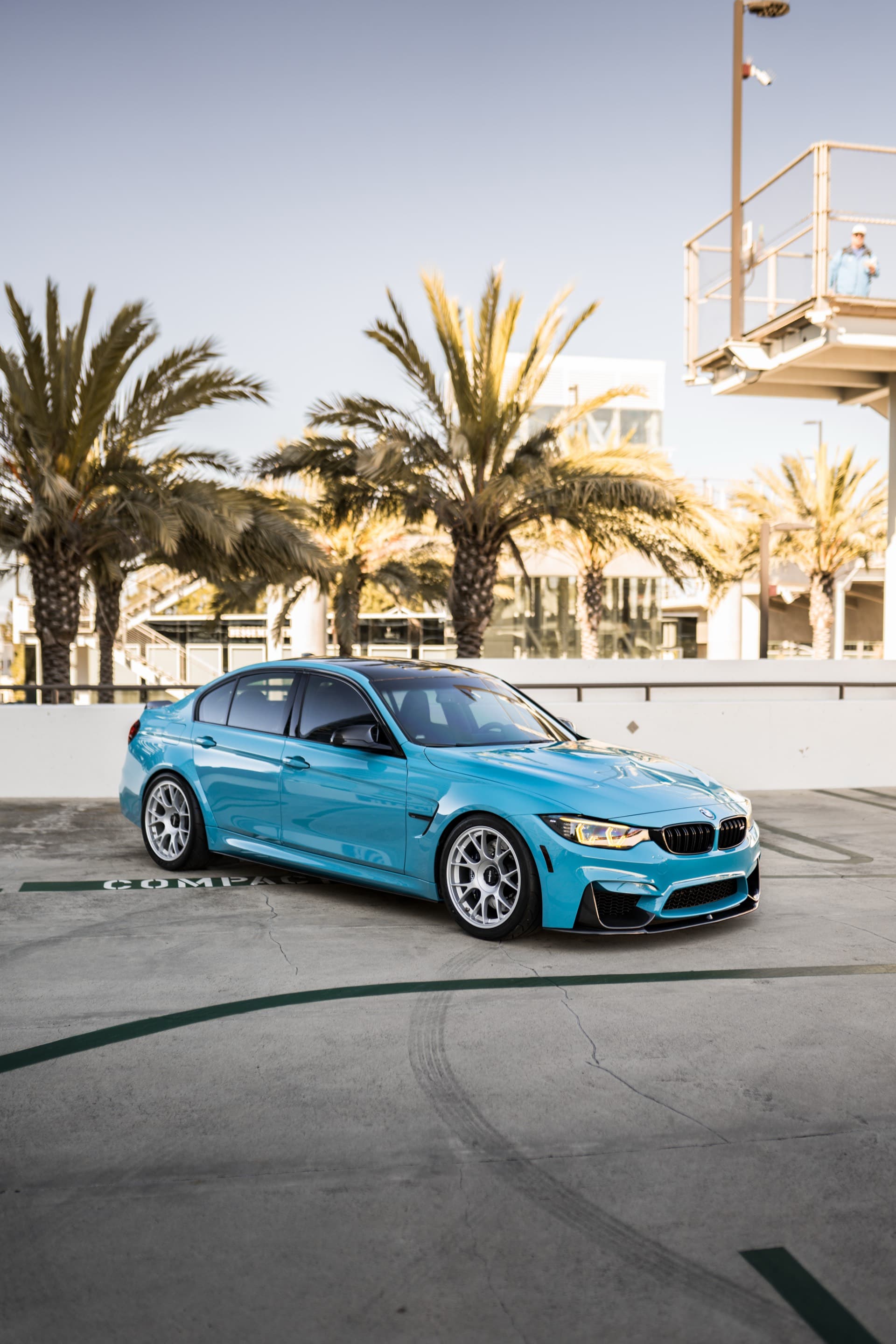 Blue BMW M3 exterior detailed with palm trees in Orange County