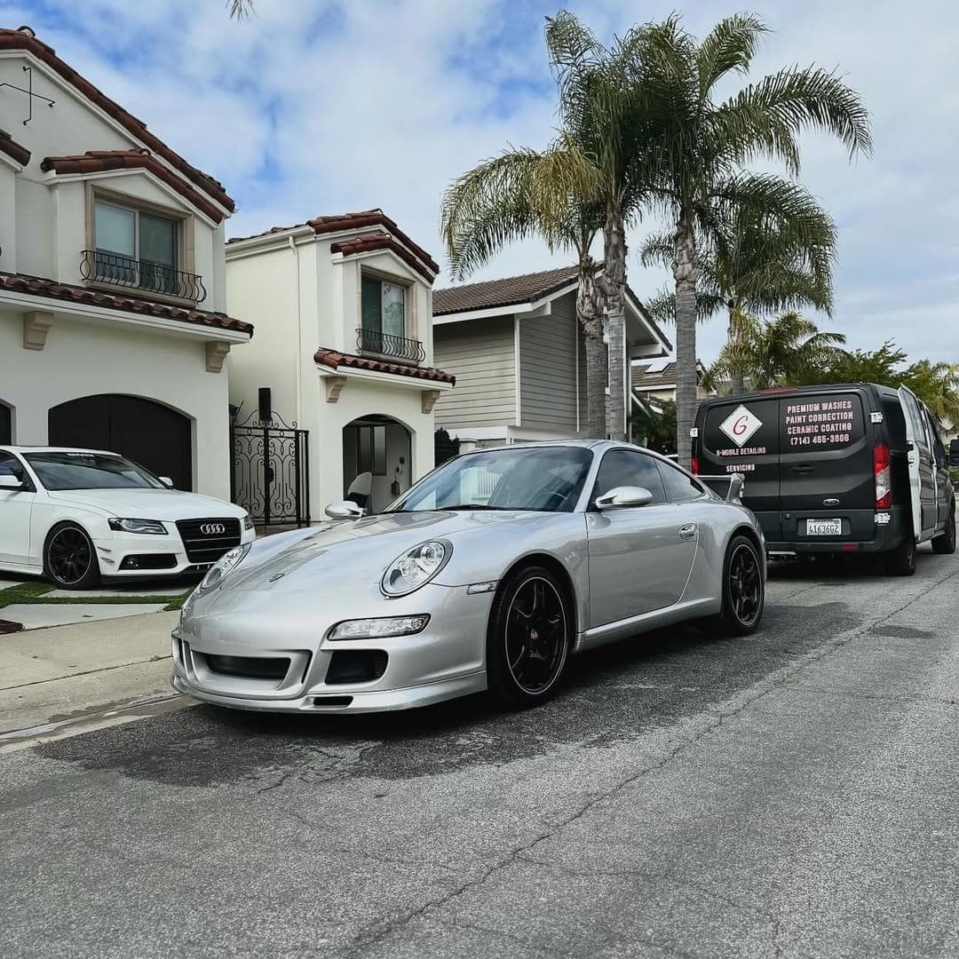 Silver Porsche 911 GT3 in the driveway, detailed by G Mobile Detailing in Orange County