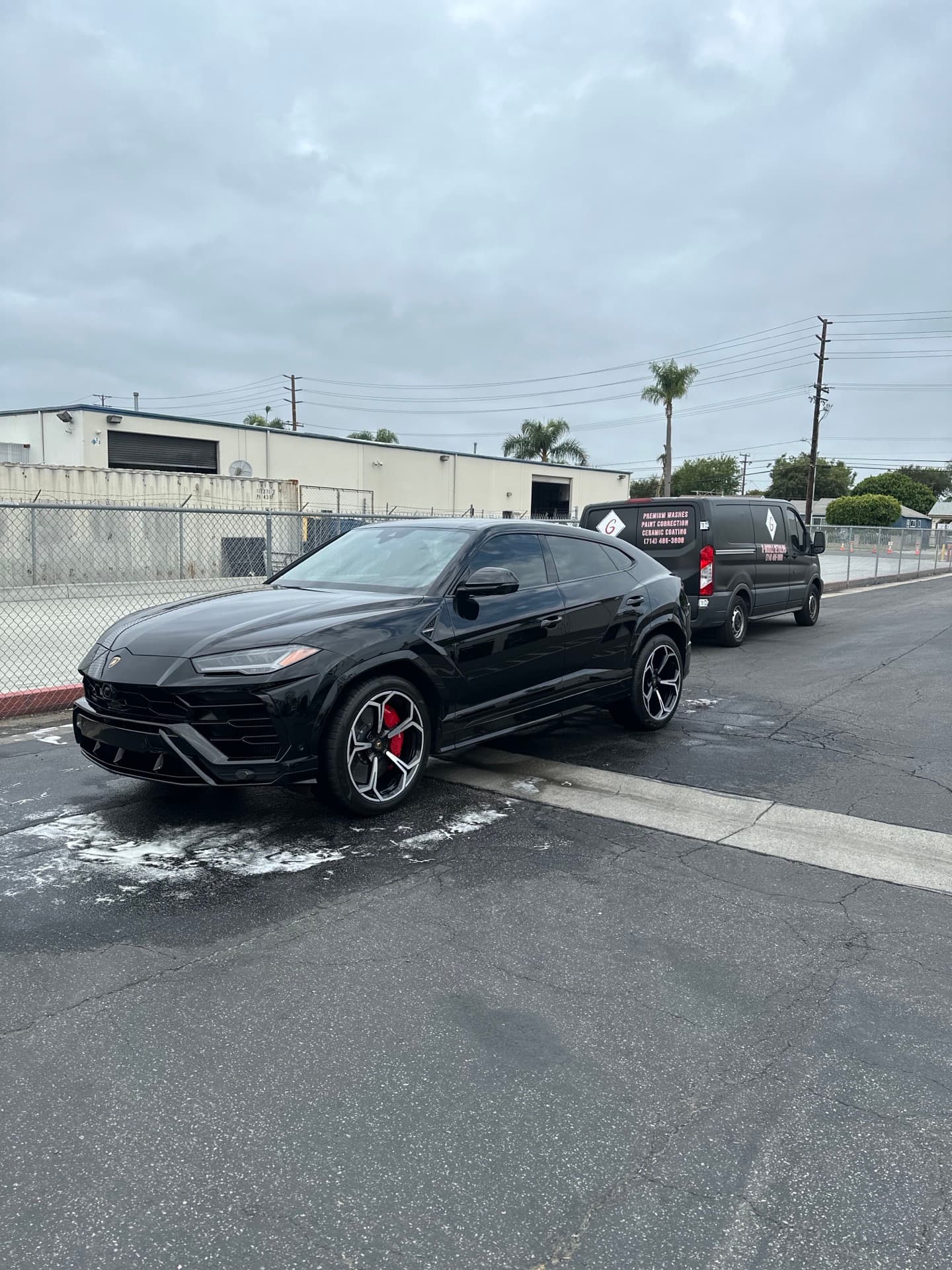 Black Lamborghini Urus freshly detailed in parking lot