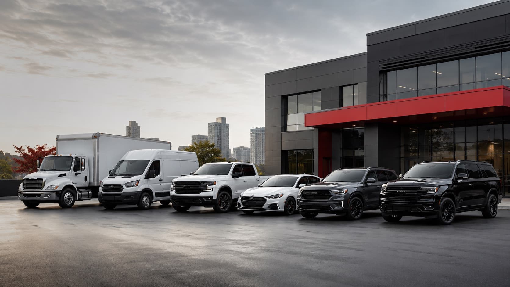 Commercial fleet lineup — box truck, cargo van, pickup, sedan, and SUVs ready for corporate detailing in Orange County